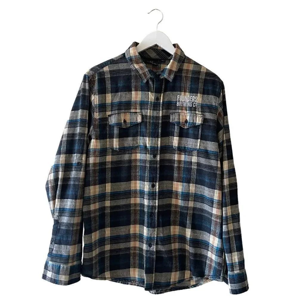 Burnside Embroidery “Founders Brewing Co” Plaid Long Sleeves Flannel Shirt SZ L